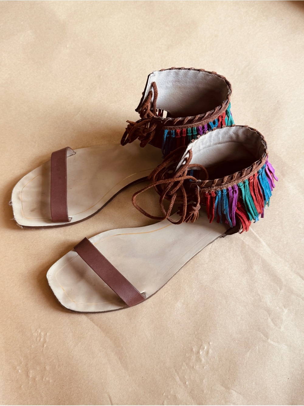 Zara Brown Lace-Up Sandals with Multicolor Fringe